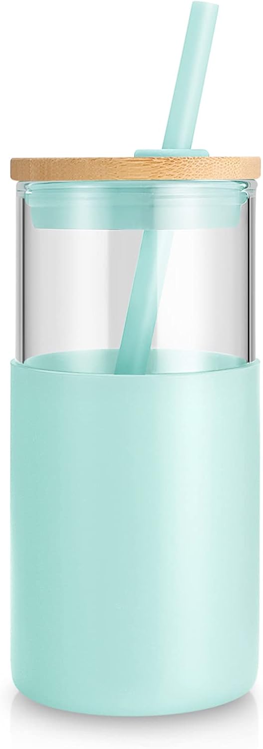 24 oz Glass Tumbler with Lids and Straws, Reusable Iced Coffee Cups