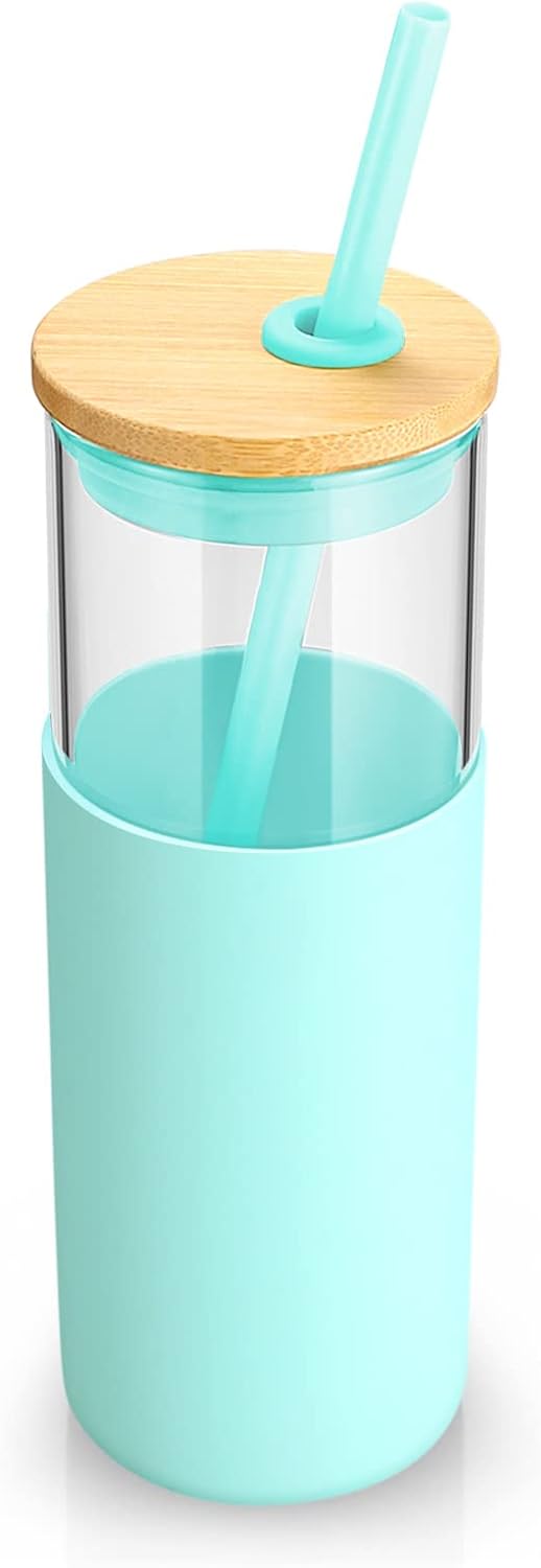 24 oz Glass Tumbler with Lids and Straws, Reusable Iced Coffee Cups