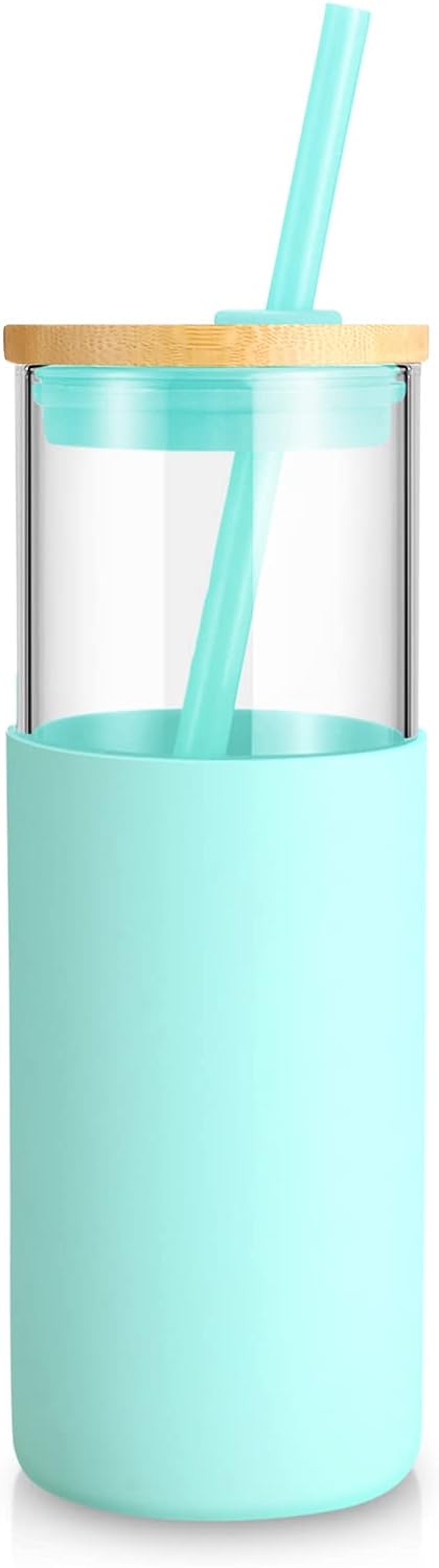 24 oz Glass Tumbler with Lids and Straws, Reusable Iced Coffee Cups