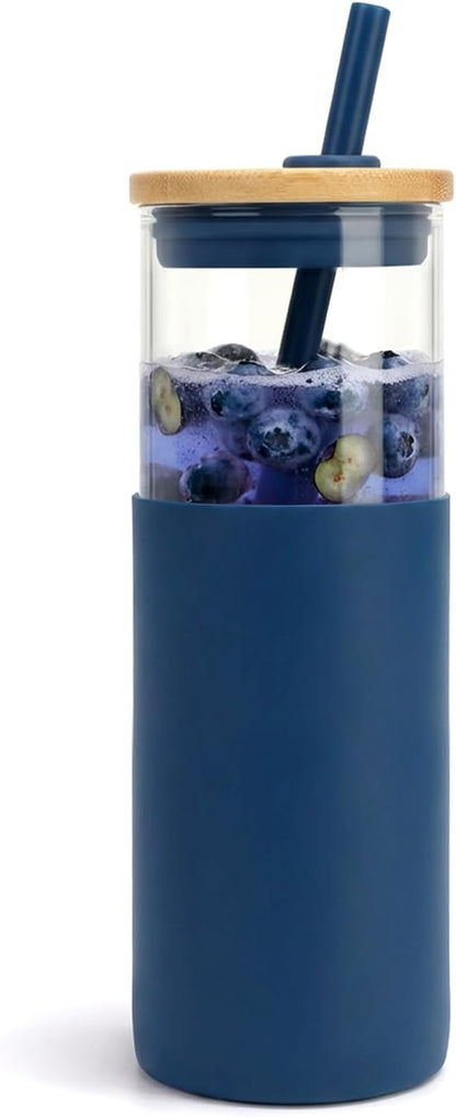 24 oz Glass Tumbler with Lids and Straws, Reusable Iced Coffee Cups