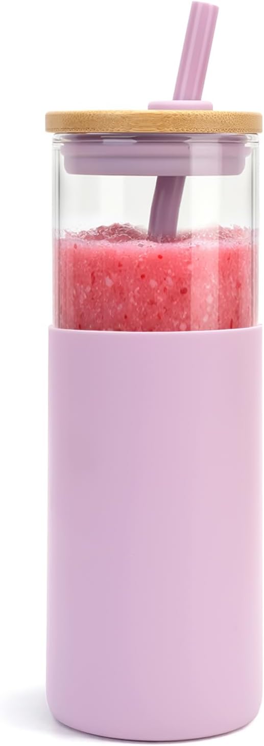 24 oz Glass Tumbler with Lids and Straws, Reusable Iced Coffee Cups