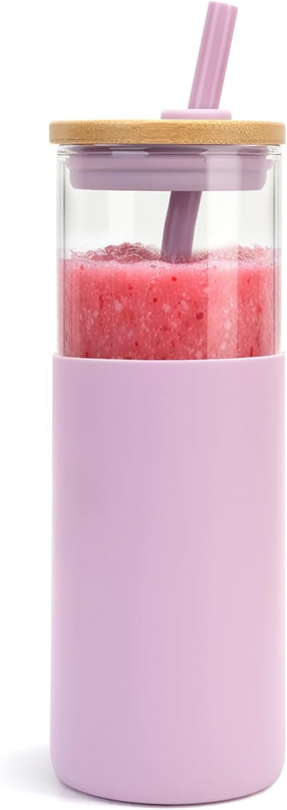 24 oz Glass Tumbler with Lids and Straws, Reusable Iced Coffee Cups