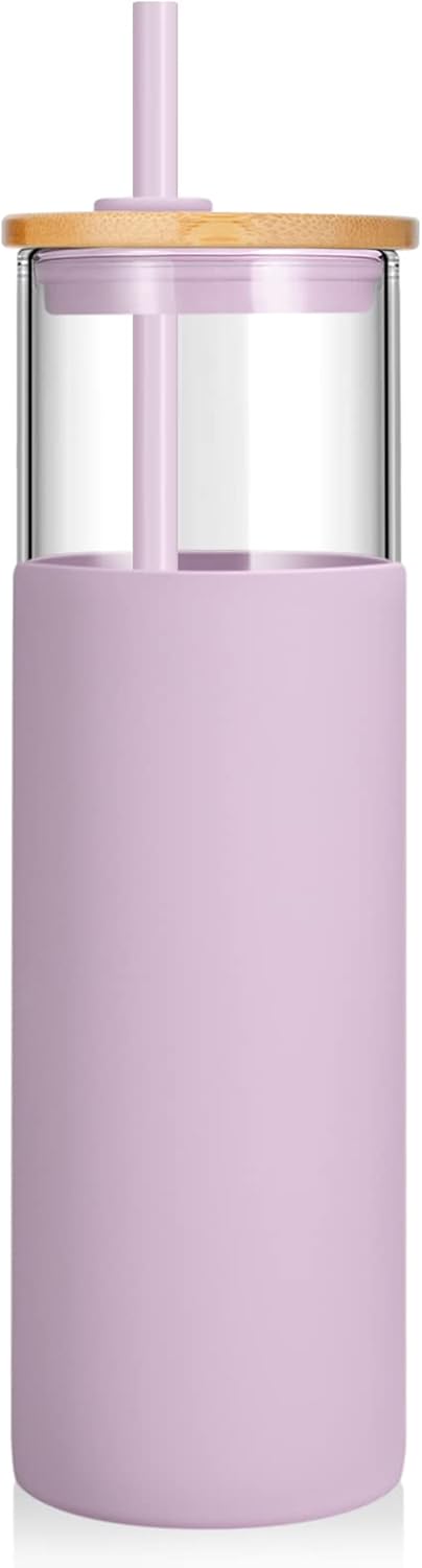 24 oz Glass Tumbler with Lids and Straws, Reusable Iced Coffee Cups