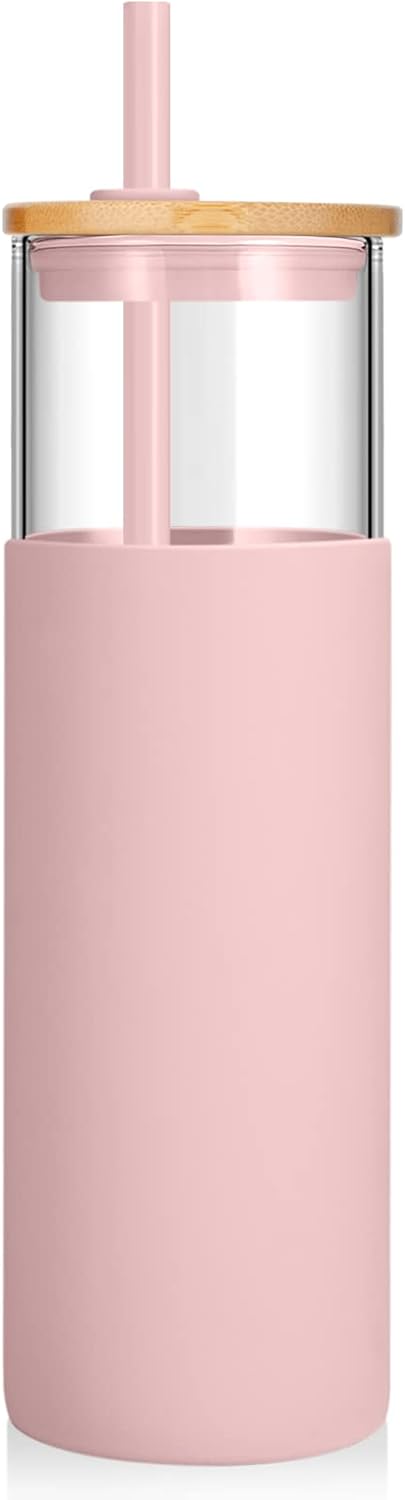 24 oz Glass Tumbler with Lids and Straws, Reusable Iced Coffee Cups