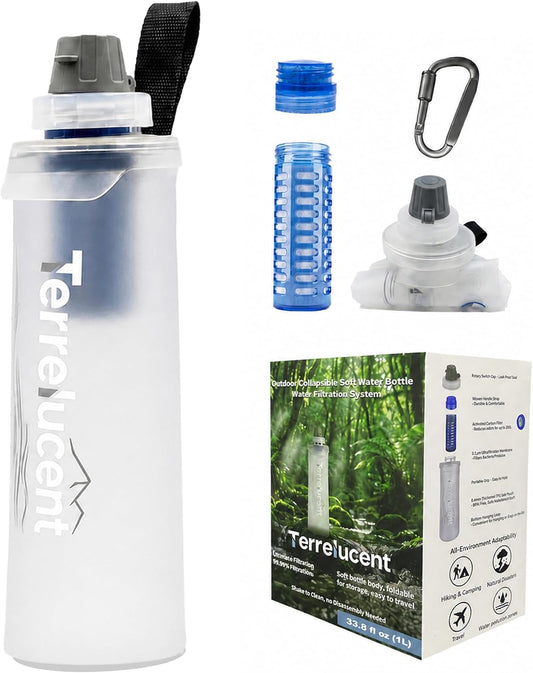 Collapsible Water Bottle with Filter, 33.8oz/1L, BPA-Free White TPU