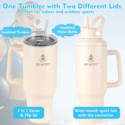 40 oz Tumbler with Handle and Straw or Convert to 40 oz Insulated Water Bottle Fits in Cup Holder. Stainless Steel Metal Water Flask with 2 Lids for Travel,Camping,Gym Sports Coffee Mug Thermal Cup