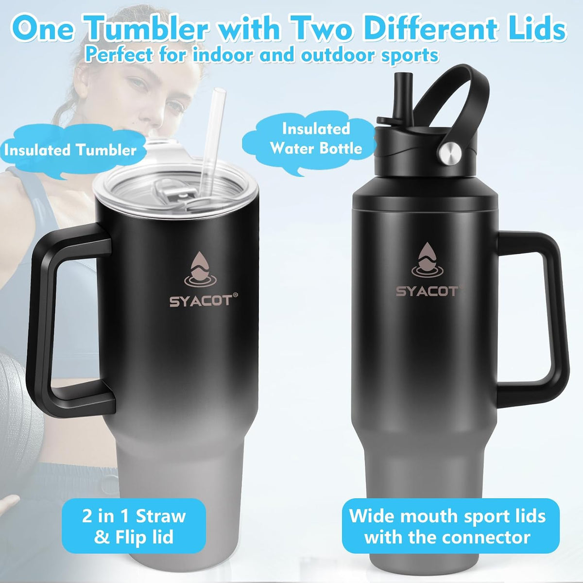 40 oz Tumbler with Handle and Straw or Convert to 40 oz Insulated Water Bottle Fits in Cup Holder. Stainless Steel Metal Water Flask with 2 Lids for Travel,Camping,Gym Sports Coffee Mug Thermal Cup