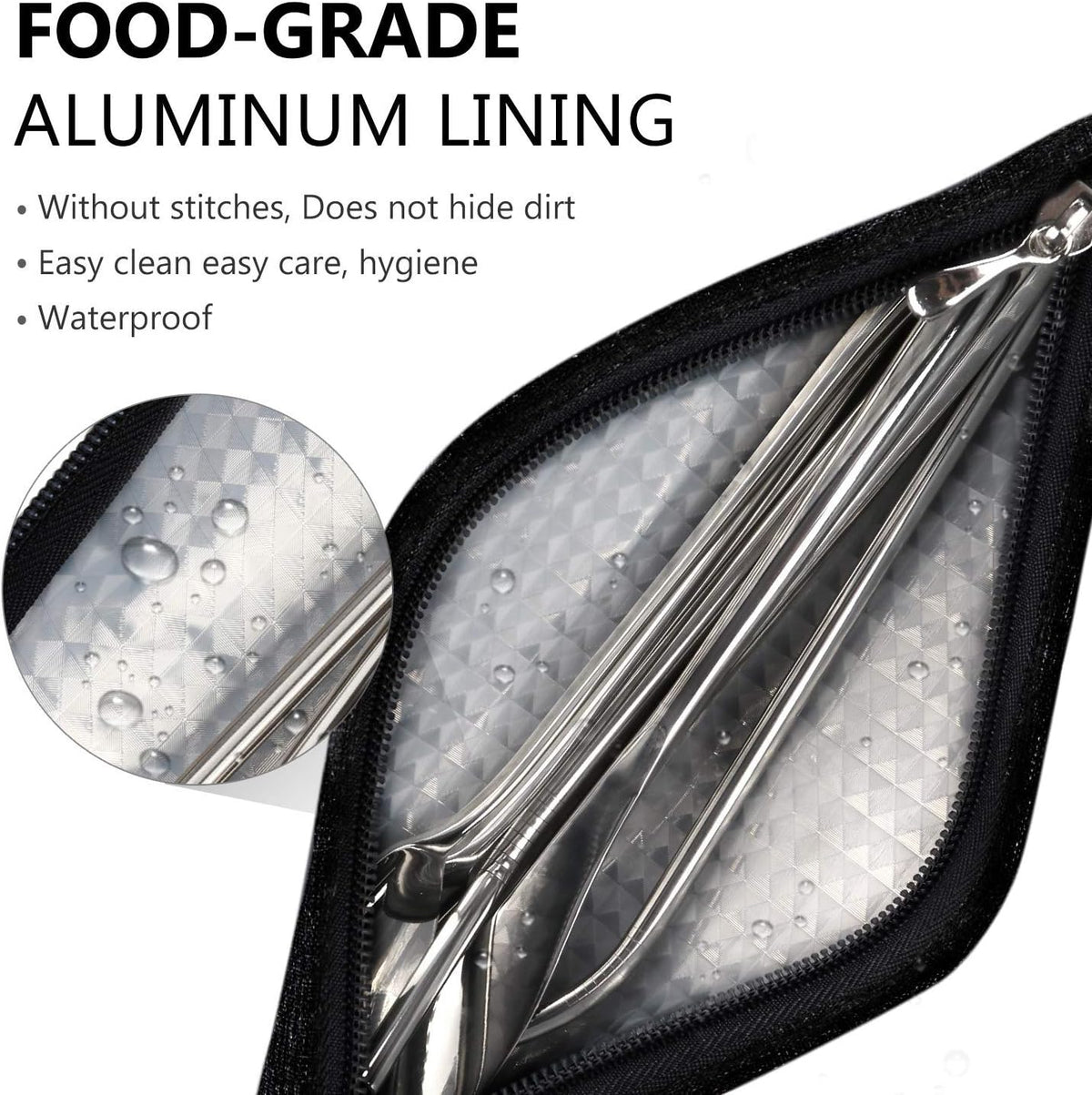 Reusable Stainless Steel Straw Case - Metal Pouch with Silicone Straws - Travel Utensil Sets Pouch, Black