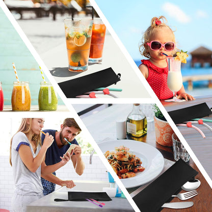 Reusable Stainless Steel Straw Case - Metal Pouch with Silicone Straws - Travel Utensil Sets Pouch, Black