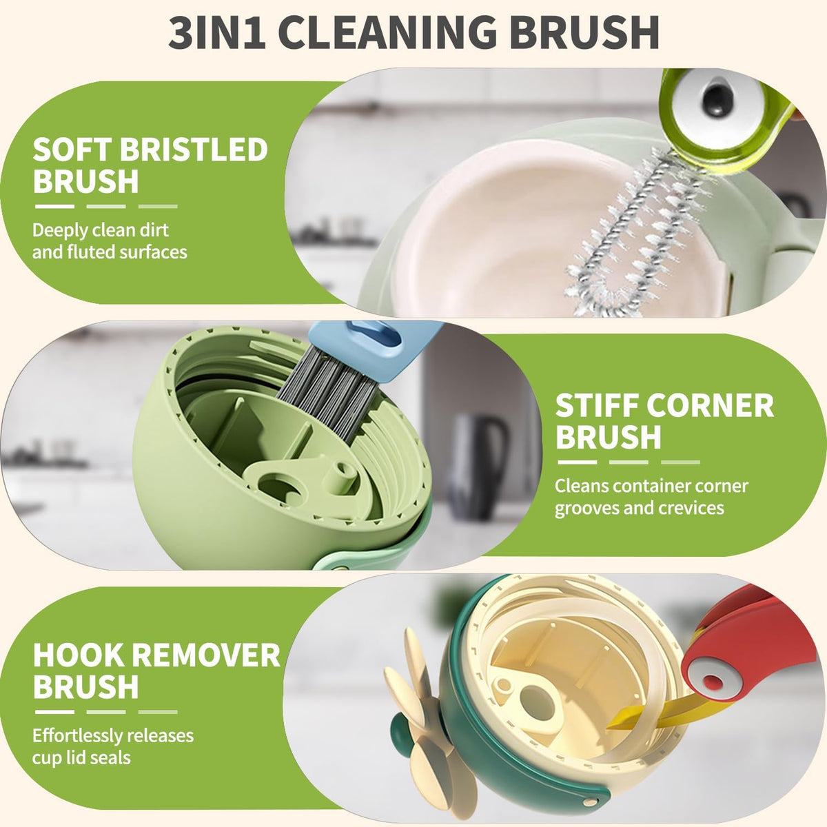3 in 1 Cup Lid Gap Cleaning Brush Set, 3PCS Multifunctional Bottle Cleaner Bottle Cleaning Brush for Bottle Gaps Home Kitchen Cleaning Tools Mixed Colors