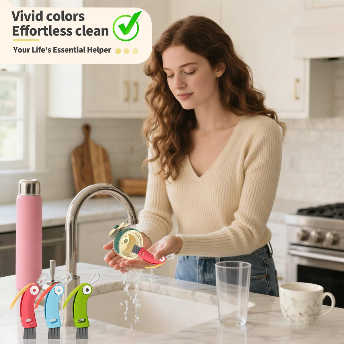 3 in 1 Cup Lid Gap Cleaning Brush Set, 3PCS Multifunctional Bottle Cleaner Bottle Cleaning Brush for Bottle Gaps Home Kitchen Cleaning Tools Mixed Colors