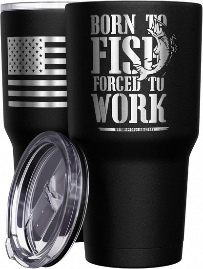 Born To Fish - Forced To Work - Fishing Travel Mug - American Flag Coffee Travel Mug - Dad Fishing Tumbler - Double Insulated Tumbler - 30 oz - Colors A