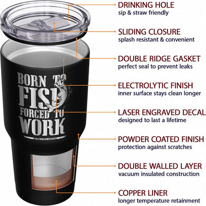 Born To Fish - Forced To Work - Fishing Travel Mug - American Flag Coffee Travel Mug - Dad Fishing Tumbler - Double Insulated Tumbler - 30 oz - Colors A