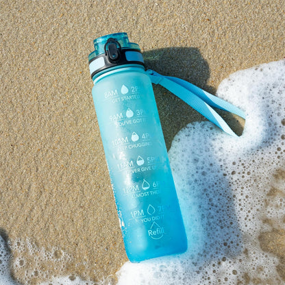 OLDLEY Water Bottle, 32oz Motivational Sports Water Bottle with Time Marker - Times to Drink - Tritan, BPA Free, Wide Mouth Leakproof, Clear (1 Bottle)