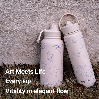 25oz Insulated Stainless Steel Aesthetic Cute Water Bottle - 2 Lids Included (Straw + Sport Handle), Leakproof BPA-Free, Dreamy Cream Cute Floral Design, Perfect Gym/Yoga/Office Companion