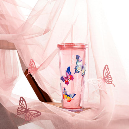 bzyoo SIP 24oz (710ml) Double Wall Plastic Tumbler with Lid and Straw Cold Drink Travel Mug Reusable Party Cup Perfect for Office Ice Coffee or Tea and Gift Color: Pink & Purple