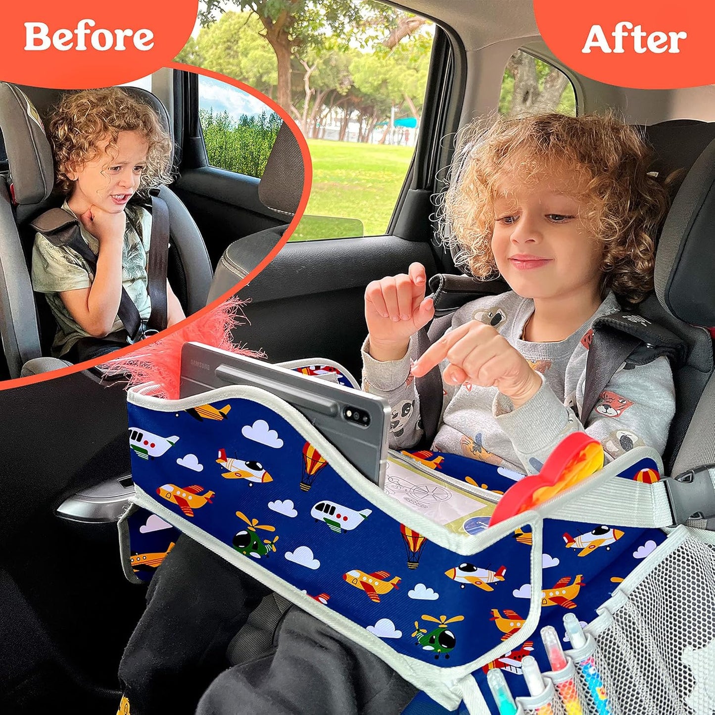 PILLANI Kids Travel Tray for Car - Car Seat Tray with Activity Sheets & Pens, Road Trip Essentials for Car & Airplane, Must Have Toddler Travel Lap Desk Accessories - Road Trip Activities for Kids