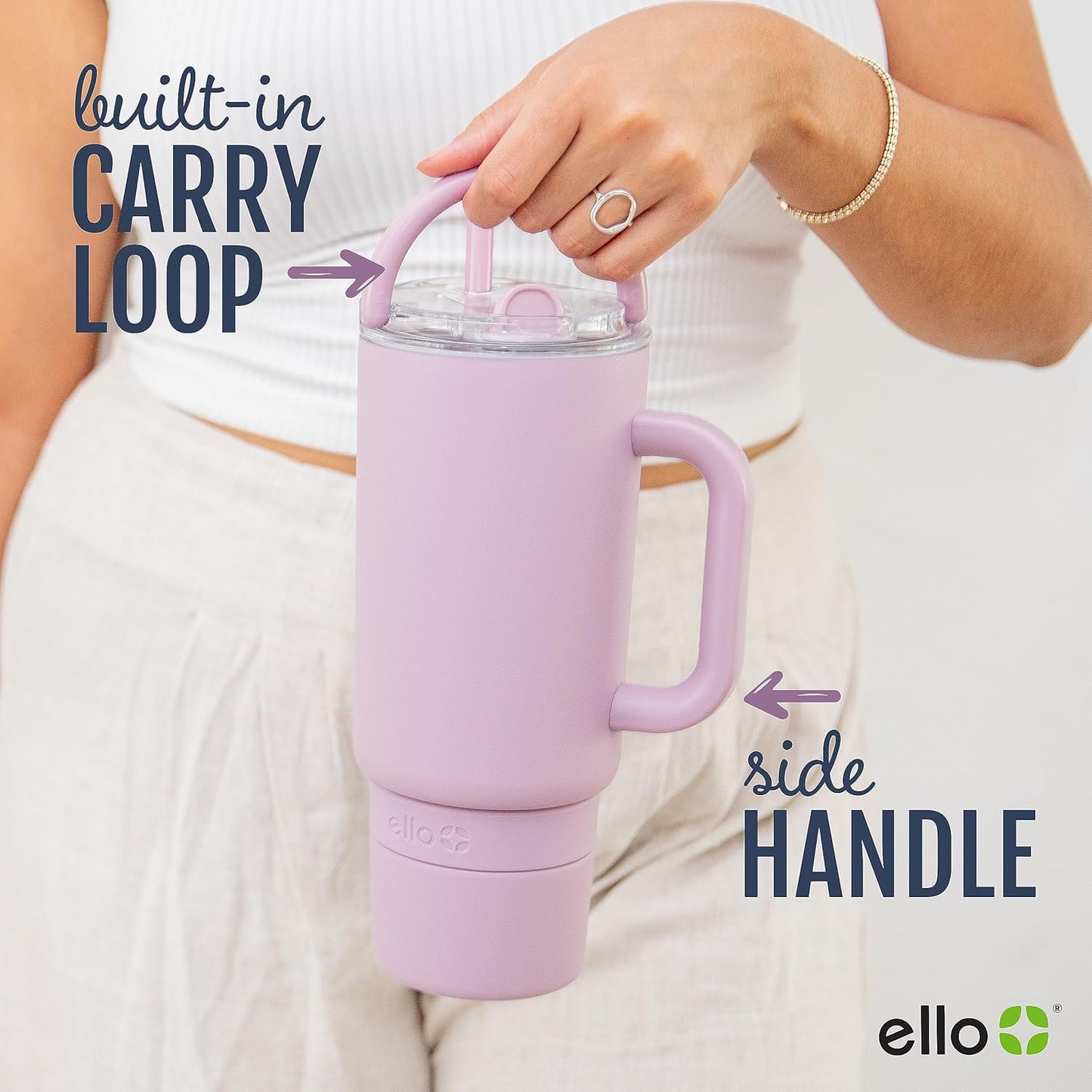 Ello Port 40oz Tumbler with Carry Loop & Integrated Handle, Vacuum Insulated Stainless Steel Reusable Water Bottle, Travel Mug with Leak Proof Lid & Straw, Perfect for Iced Coffee & Tea, White