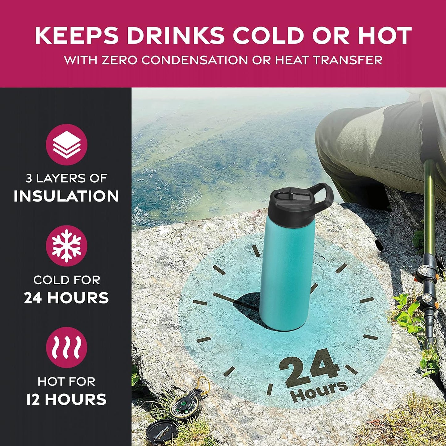 FineDine Water Bottle - Stainless Steel Insulated Water Bottle with Straw Lid, Flip Lid & Wide-Mouth Cap - Keeps Hot and Cold - 25 Oz / 739ml - Dreamy Purple