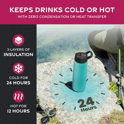 FineDine Water Bottle - Stainless Steel Insulated Water Bottle with Straw Lid, Flip Lid & Wide-Mouth Cap - Keeps Hot and Cold - 25 Oz / 739ml - Dreamy Purple