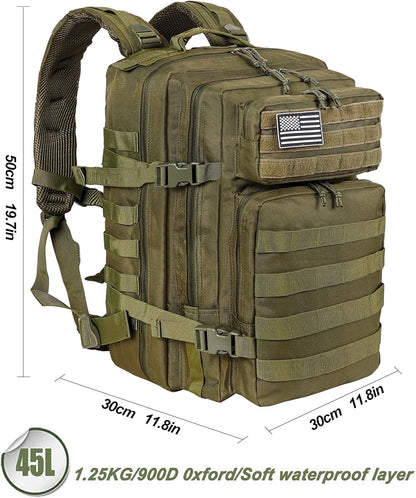 LHI Military Tactical Backpack for Men and Women 45L Army 3 Days Assault Pack Bag Large Rucksack with Molle System - Black - Colors A