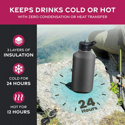 FineDine Water Bottle - Stainless Steel Insulated Water Bottle with Straw Lid, Flip Lid & Wide-Mouth Cap - Keeps Hot and Cold - 25 Oz / 739ml - Dreamy Purple