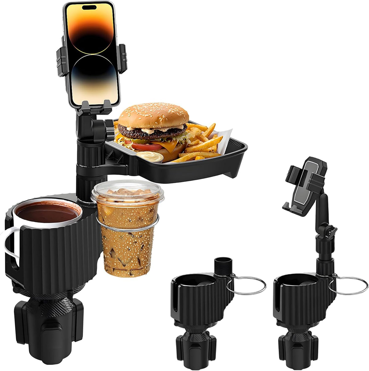 Car Cup Holder Tray - 4 in 1 Car Cup Holder Expander with Metal Cupholder, Adjustable Food Tray and Phone Mount for All Purpose, Automotive Essentials for Driver and Front Passenger