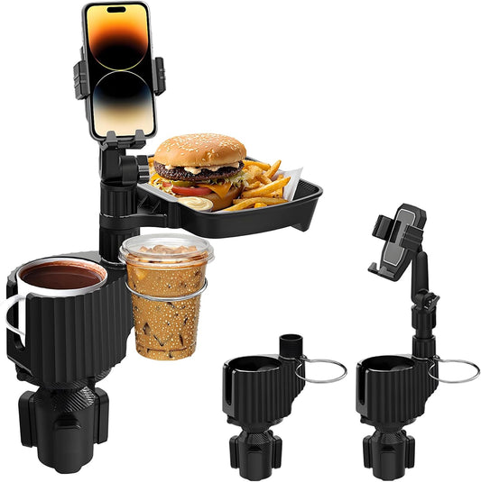 Car Cup Holder Tray - 4 in 1 Car Cup Holder Expander with Metal Cupholder, Adjustable Food Tray and Phone Mount for All Purpose, Automotive Essentials for Driver and Front Passenger