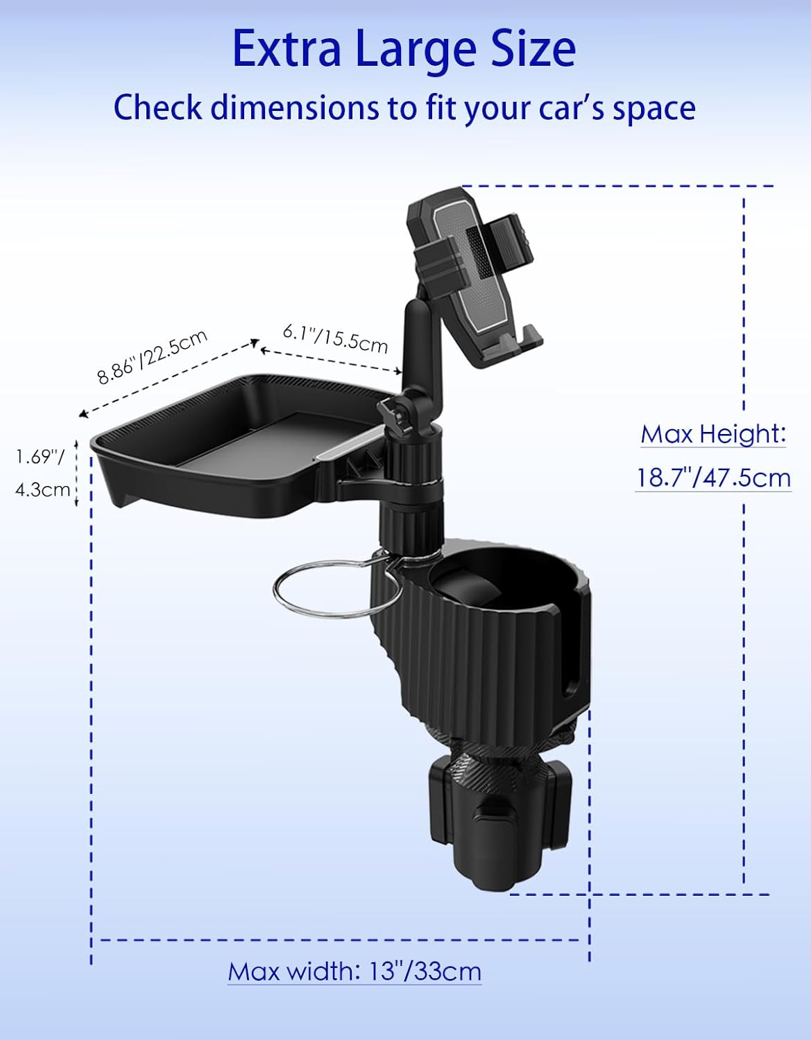 Car Cup Holder Tray - 4 in 1 Car Cup Holder Expander with Metal Cupholder, Adjustable Food Tray and Phone Mount for All Purpose, Automotive Essentials for Driver and Front Passenger