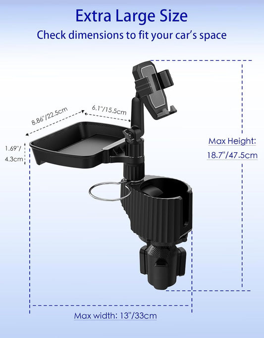 Car Cup Holder Tray - 4 in 1 Car Cup Holder Expander with Metal Cupholder, Adjustable Food Tray and Phone Mount for All Purpose, Automotive Essentials for Driver and Front Passenger
