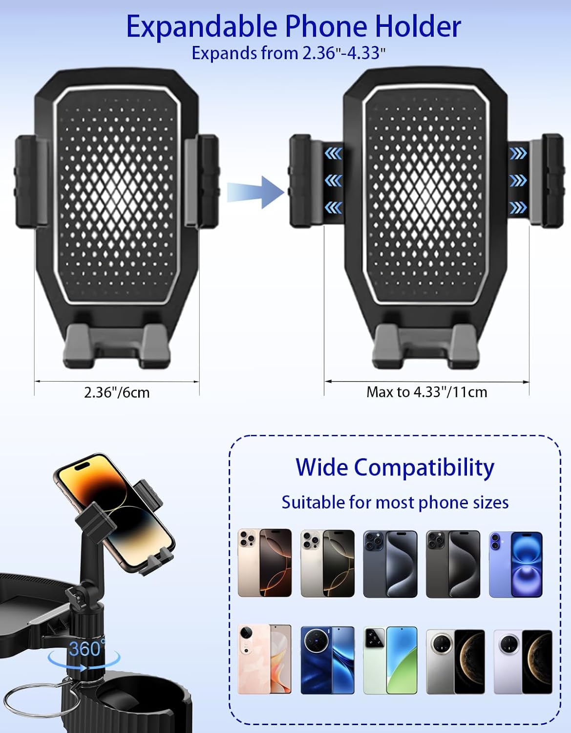 Car Cup Holder Tray - 4 in 1 Car Cup Holder Expander with Metal Cupholder, Adjustable Food Tray and Phone Mount for All Purpose, Automotive Essentials for Driver and Front Passenger