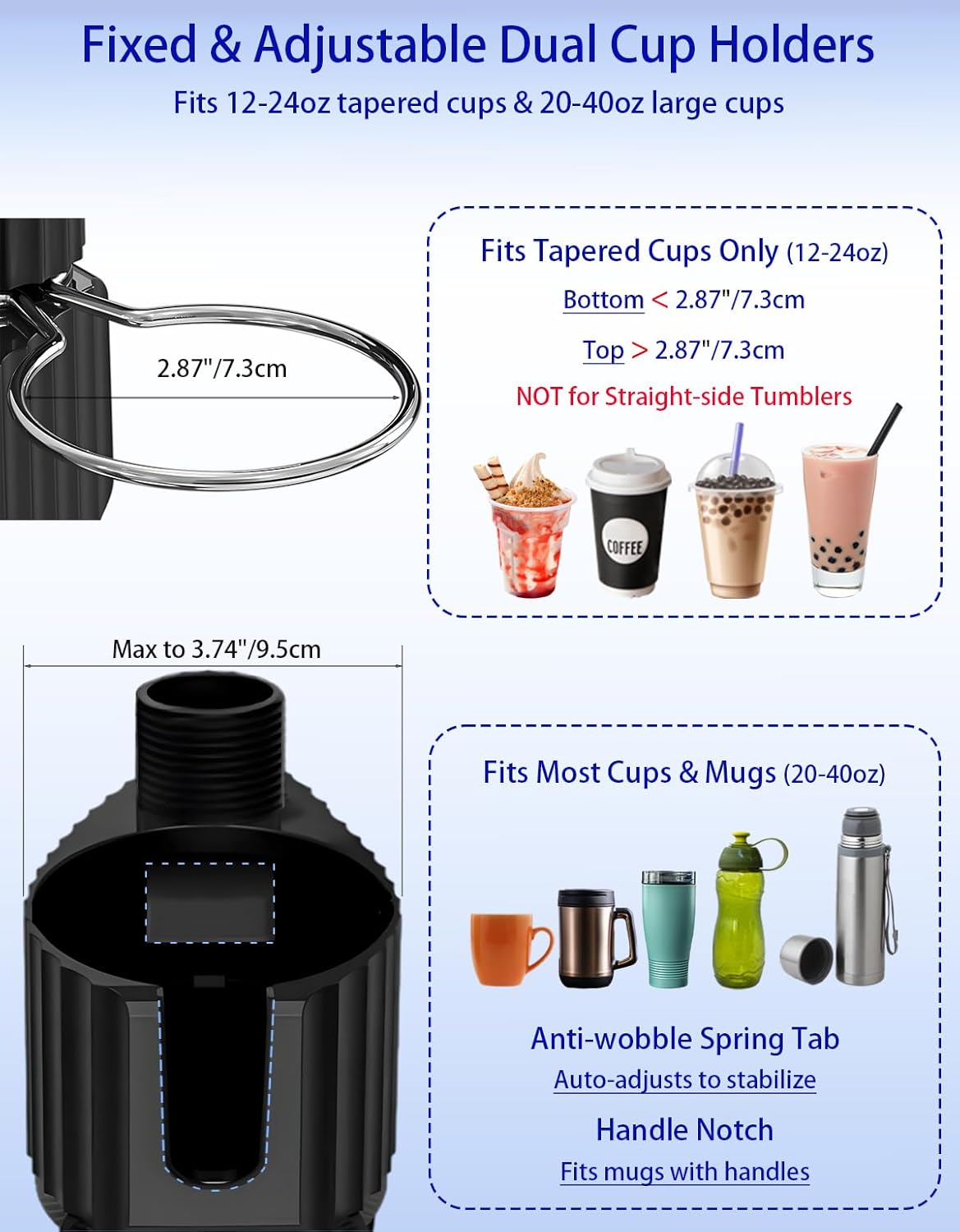 Car Cup Holder Tray - 4 in 1 Car Cup Holder Expander with Metal Cupholder, Adjustable Food Tray and Phone Mount for All Purpose, Automotive Essentials for Driver and Front Passenger