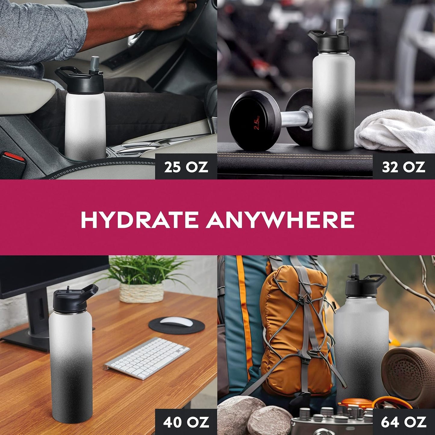FineDine Water Bottle - Stainless Steel Insulated Water Bottle with Straw Lid, Flip Lid & Wide-Mouth Cap - Keeps Hot and Cold - 25 Oz / 739ml - Dreamy Purple