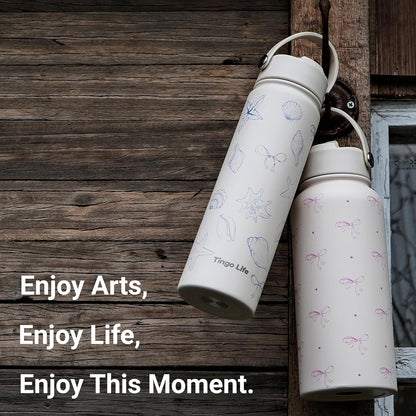 25oz Insulated Stainless Steel Aesthetic Cute Water Bottle - 2 Lids Included (Straw + Sport Handle), Leakproof BPA-Free, Dreamy Cream Cute Floral Design, Perfect Gym/Yoga/Office Companion