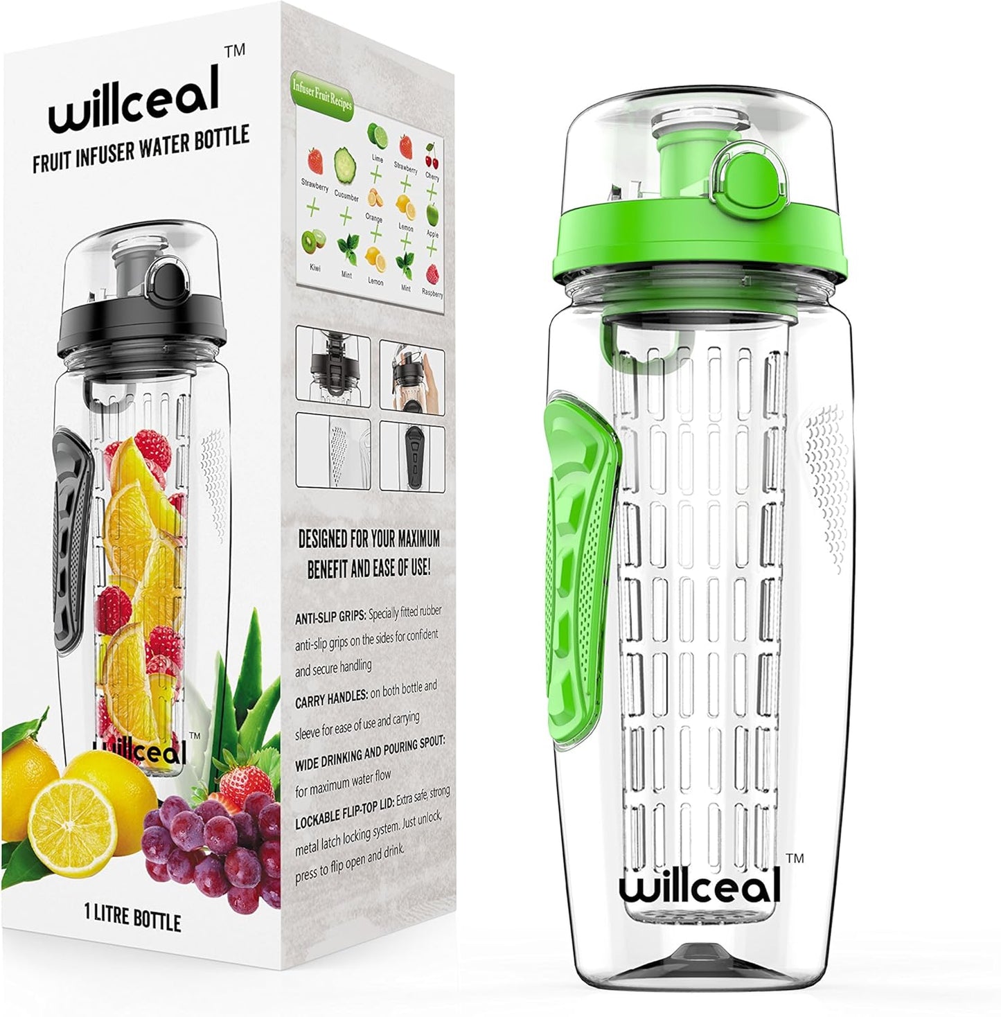 Fruit Infuser Water Bottle 32oz- Durable, Large - BPA Free Tritan, Flip Lid, Leak Proof Design - Sports, Camping