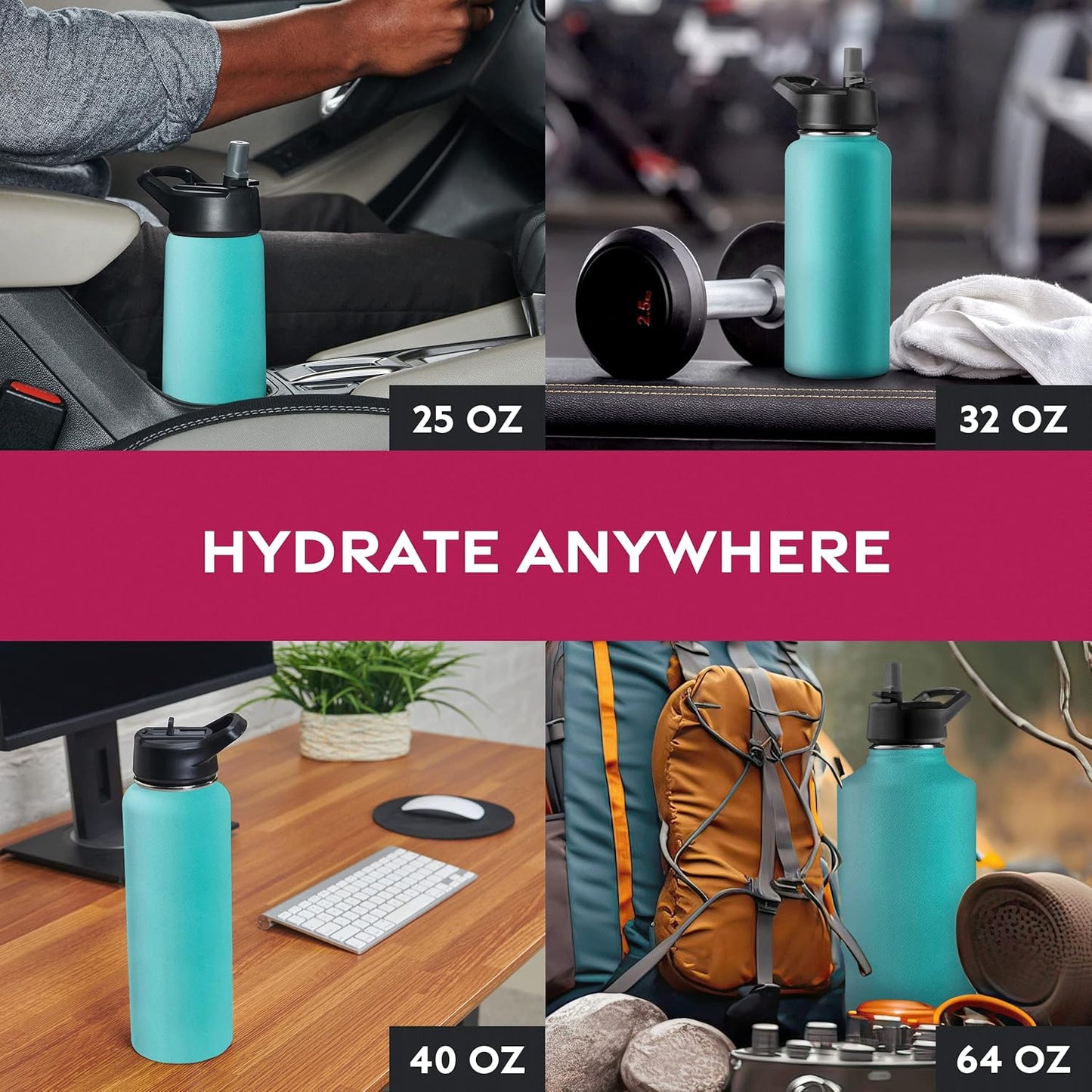 FineDine Water Bottle - Stainless Steel Insulated Water Bottle with Straw Lid, Flip Lid & Wide-Mouth Cap - Keeps Hot and Cold - 25 Oz / 739ml - Dreamy Purple