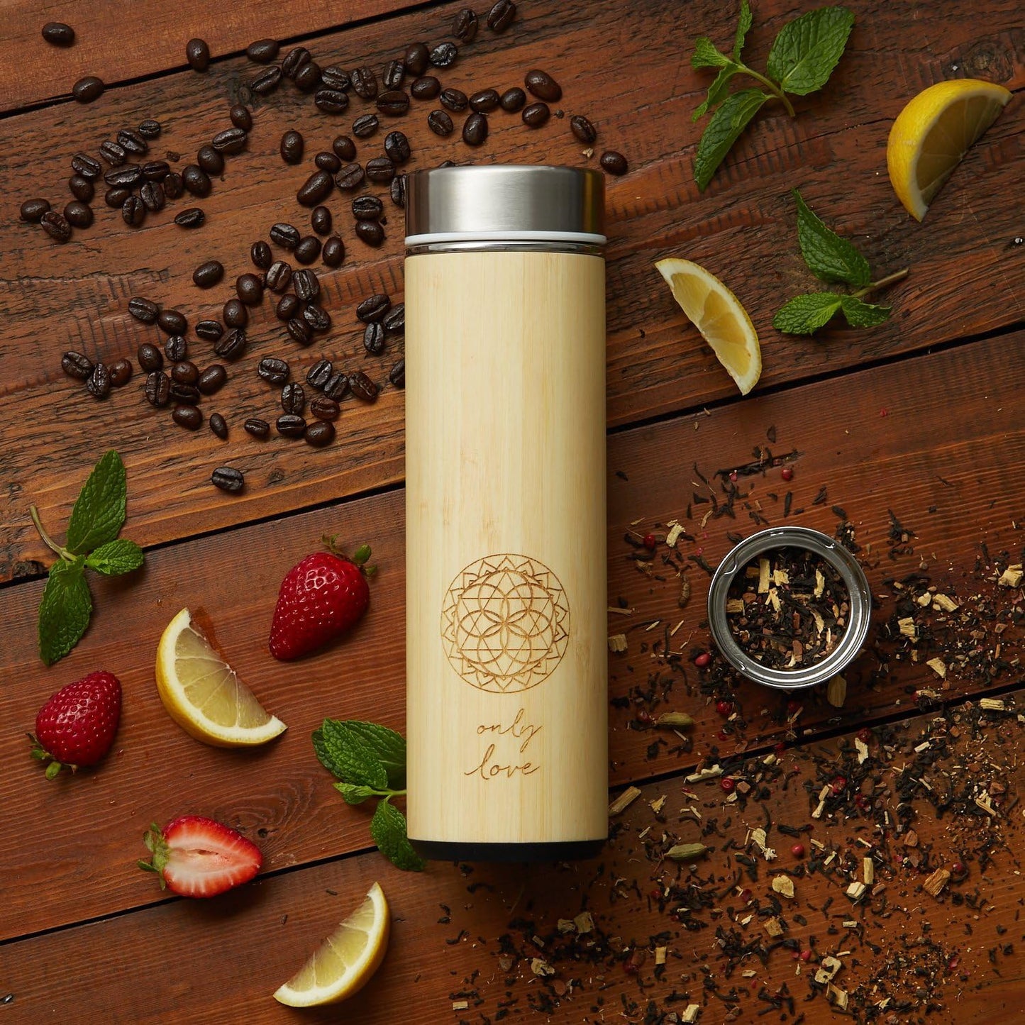 Sacred Lotus Love Insulated Bamboo Tea Travel Tumbler with Infuser, Strainer & Sleeve - For Hot Coffee or Cold, Stainless Steel Coffee Mug, Ideal Tea Gift Set, Keeps Beverages Hotter for Longer
