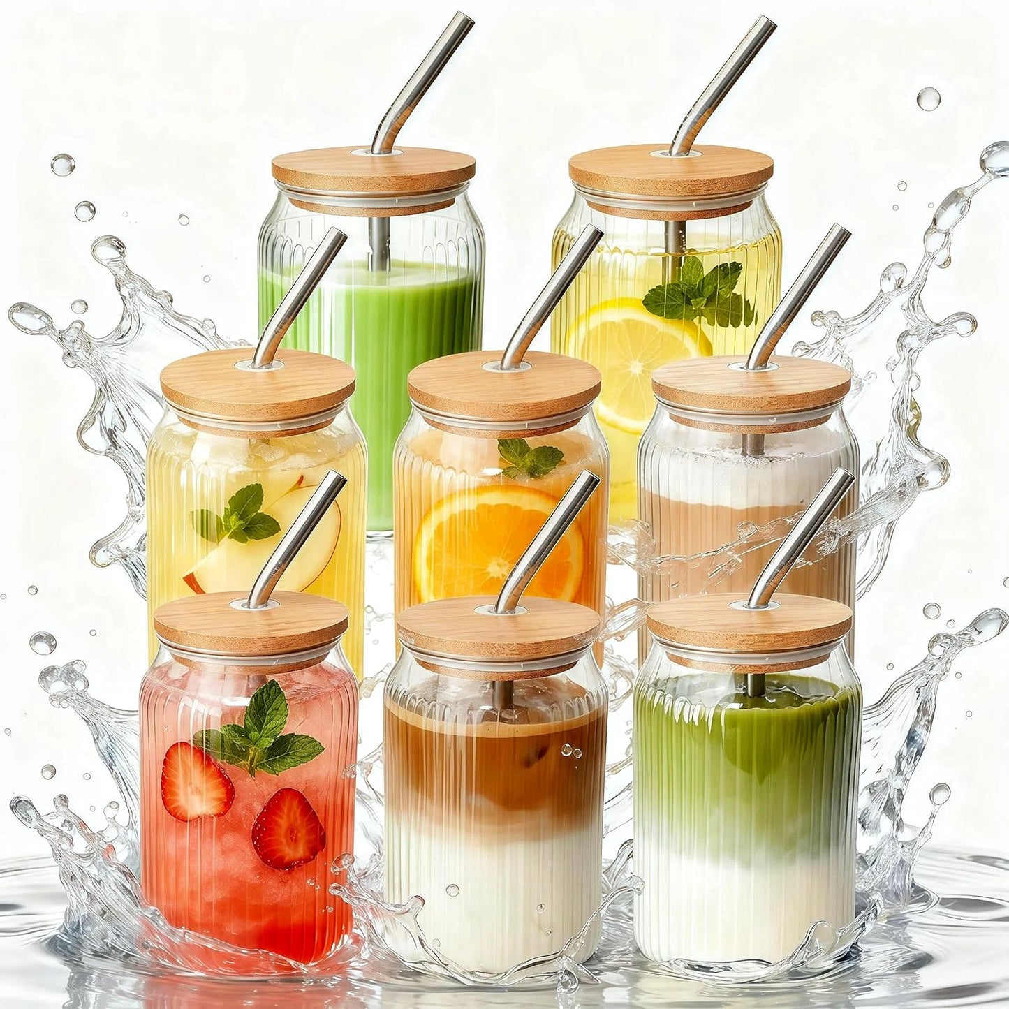 4 Packs Ribbed Glass Tumbler with Lid and Straw 16 oz Cute Ice Coffee Cup Set for Smoothie Juice Matcha Tea Latte Cappuccino Espresso Hot Coffe Water Reusable Clear Travel Boba Aesthetic Drinking Mug