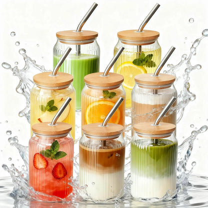 4 Packs Ribbed Glass Tumbler with Lid and Straw 16 oz Cute Ice Coffee Cup Set for Smoothie Juice Matcha Tea Latte Cappuccino Espresso Hot Coffe Water Reusable Clear Travel Boba Aesthetic Drinking Mug