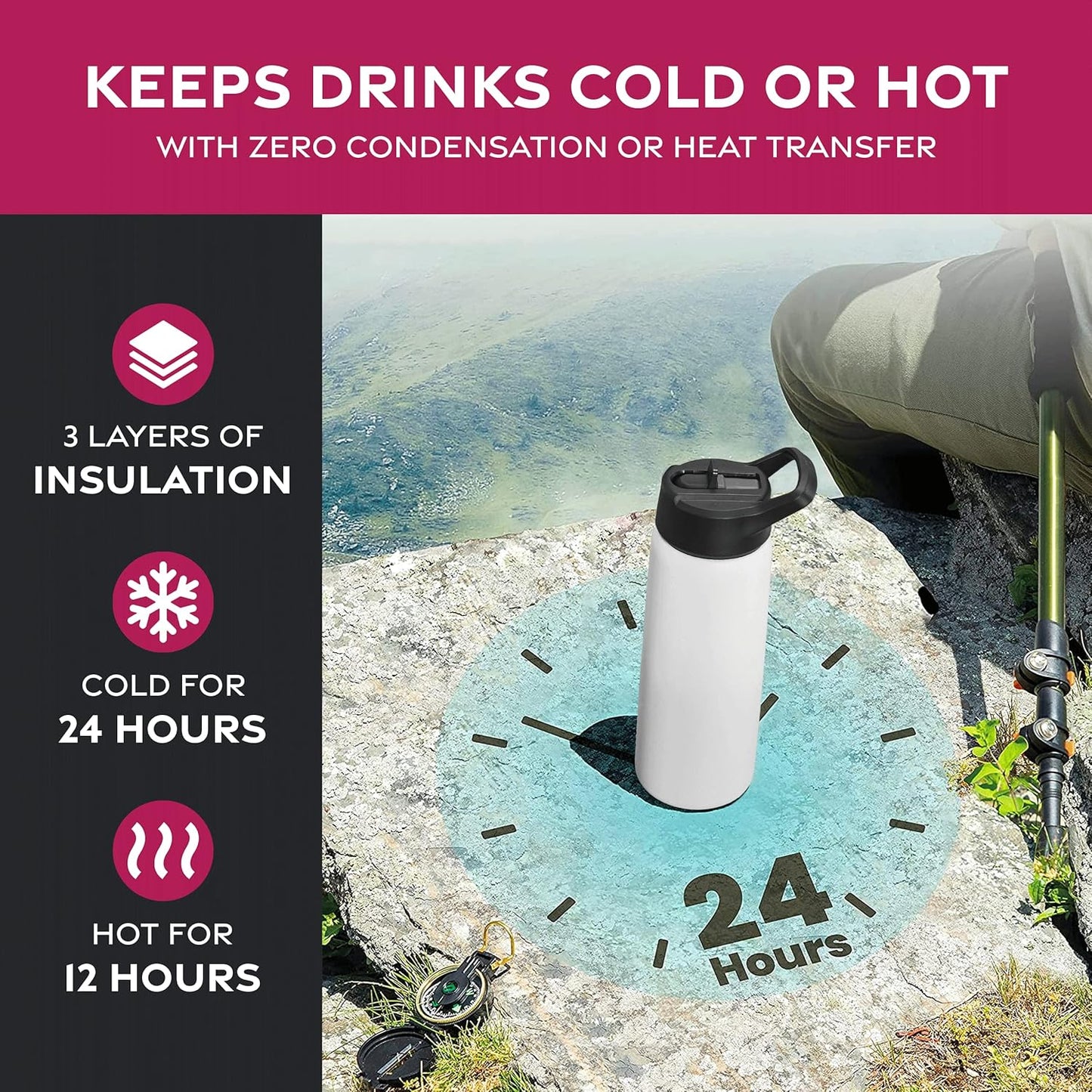 FineDine Water Bottle - Stainless Steel Insulated Water Bottle with Straw Lid, Flip Lid & Wide-Mouth Cap - Keeps Hot and Cold - 25 Oz / 739ml - Dreamy Purple