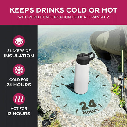 FineDine Water Bottle - Stainless Steel Insulated Water Bottle with Straw Lid, Flip Lid & Wide-Mouth Cap - Keeps Hot and Cold - 25 Oz / 739ml - Dreamy Purple