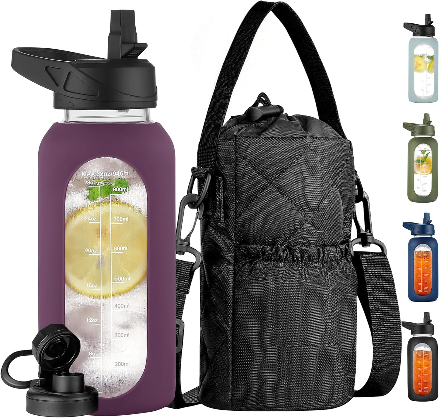 CIVAGO 32 oz Glass Water Bottle with Straw and Insulated Bottle Holder Sling, Motivational Water jug with Time Marker and Silicone Sleeve, Large Sport Water Flask with 2 Lids, Black