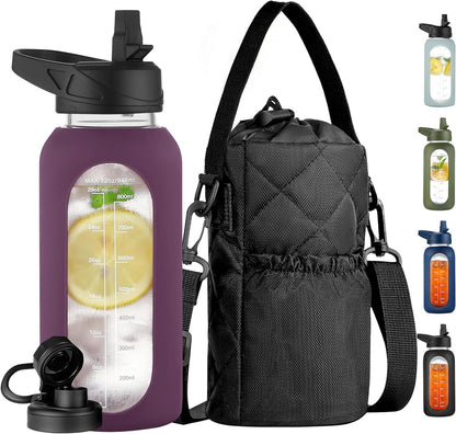 CIVAGO 32 oz Glass Water Bottle with Straw and Insulated Bottle Holder Sling, Motivational Water jug with Time Marker and Silicone Sleeve, Large Sport Water Flask with 2 Lids, Black
