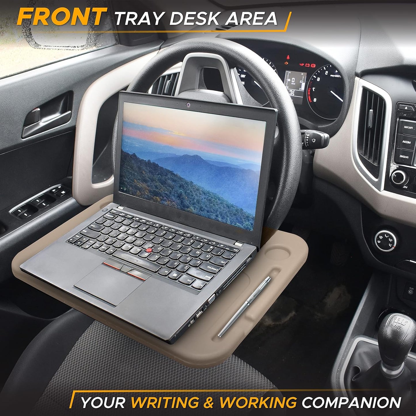 EcoNour 2 in 1 Car Steering Wheel Desk | Tray for Laptop Car Mount with Pen Holder | Desk Console for Car | Food Tray for Eating with Drinks Holder | Multipurpose Travel Car Accessories