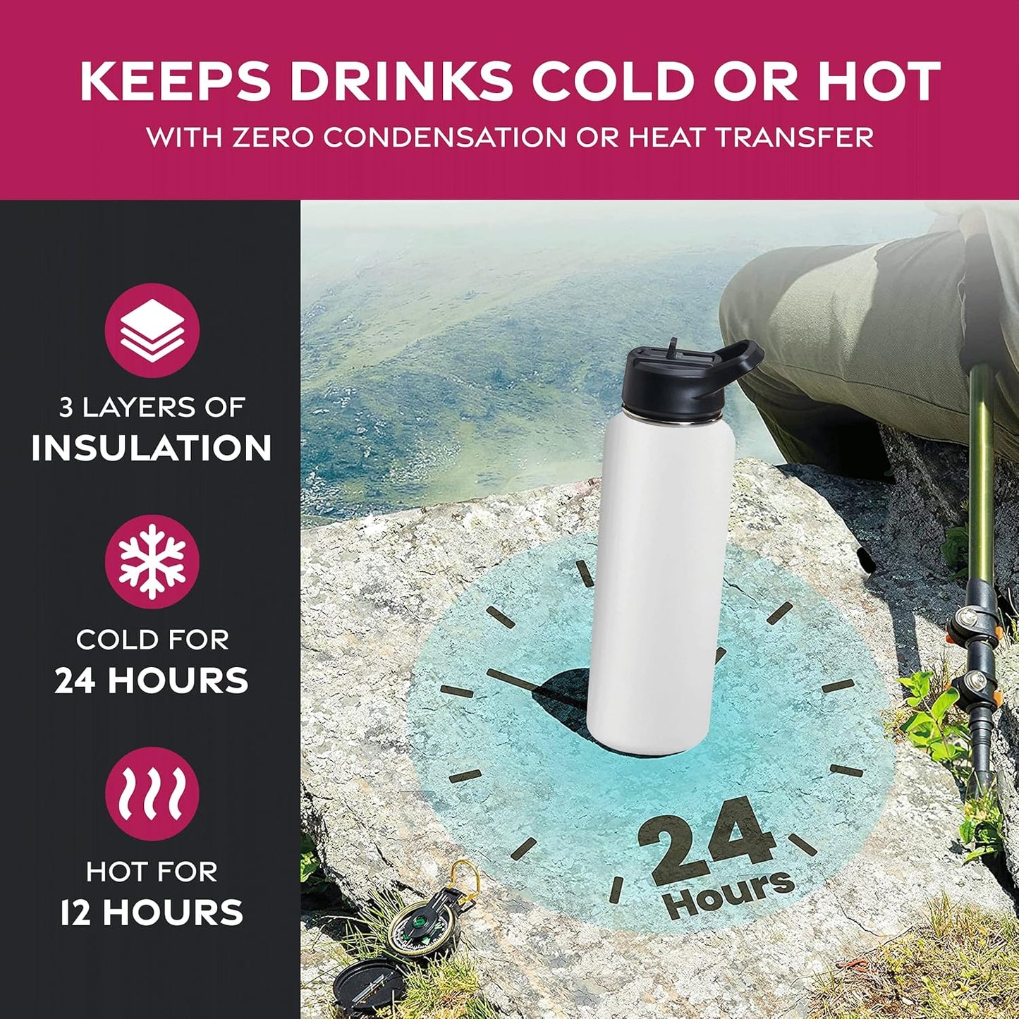 FineDine Water Bottle - Stainless Steel Insulated Water Bottle with Straw Lid, Flip Lid & Wide-Mouth Cap - Keeps Hot and Cold - 25 Oz / 739ml - Dreamy Purple