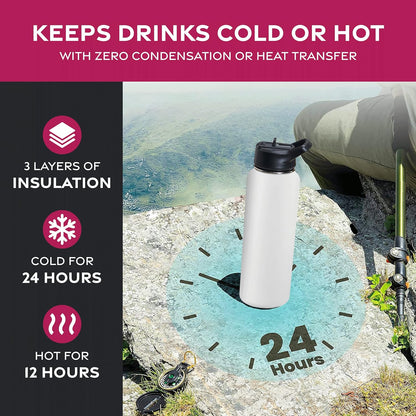 FineDine Water Bottle - Stainless Steel Insulated Water Bottle with Straw Lid, Flip Lid & Wide-Mouth Cap - Keeps Hot and Cold - 25 Oz / 739ml - Dreamy Purple