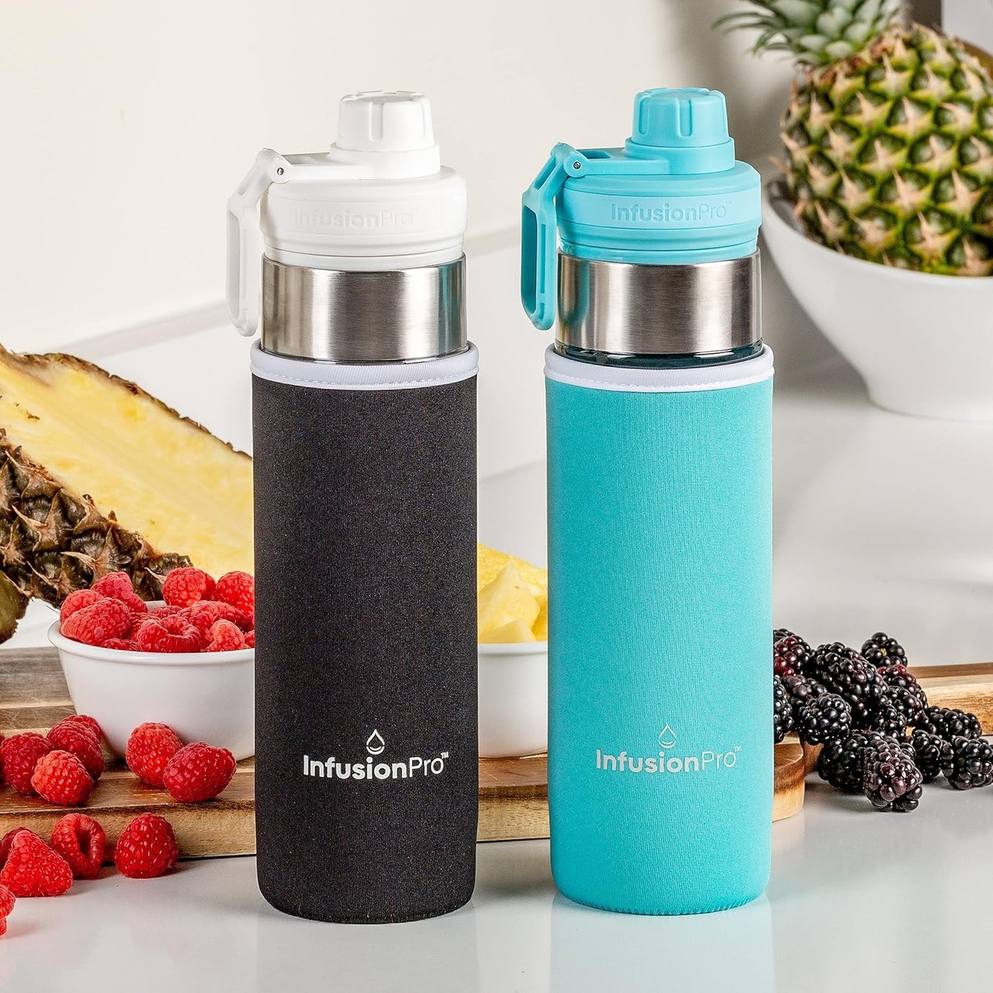 Infusion Pro 24 oz Fruit Infuser Water Bottle, 2 Pack, Flip Top Lid, Insulated Sleeve & Fruit Infused Water eBook : Bottom Loading Infuser