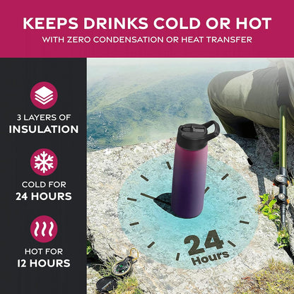 FineDine Water Bottle - Stainless Steel Insulated Water Bottle with Straw Lid, Flip Lid & Wide-Mouth Cap - Keeps Hot and Cold - 25 Oz / 739ml - Dreamy Purple
