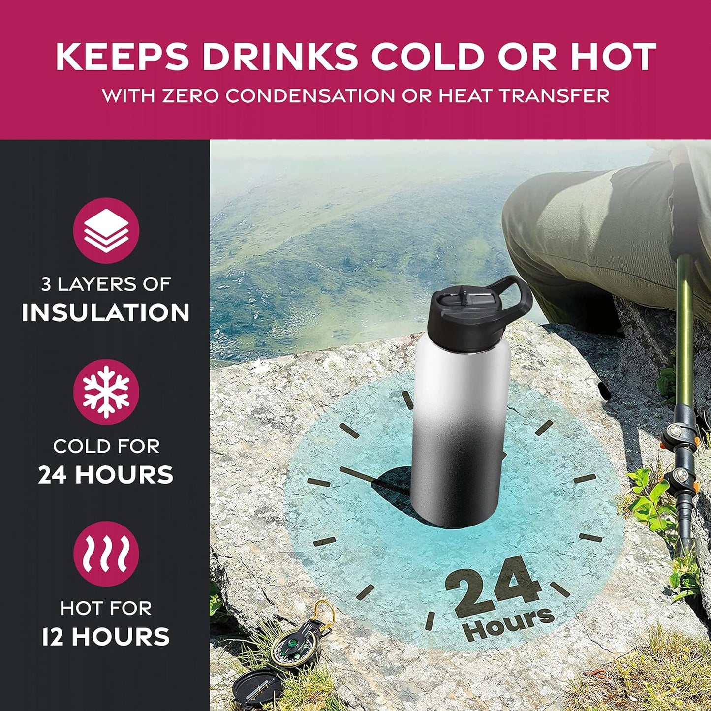 FineDine Water Bottle - Stainless Steel Insulated Water Bottle with Straw Lid, Flip Lid & Wide-Mouth Cap - Keeps Hot and Cold - 25 Oz / 739ml - Dreamy Purple