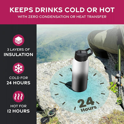 FineDine Water Bottle - Stainless Steel Insulated Water Bottle with Straw Lid, Flip Lid & Wide-Mouth Cap - Keeps Hot and Cold - 25 Oz / 739ml - Dreamy Purple